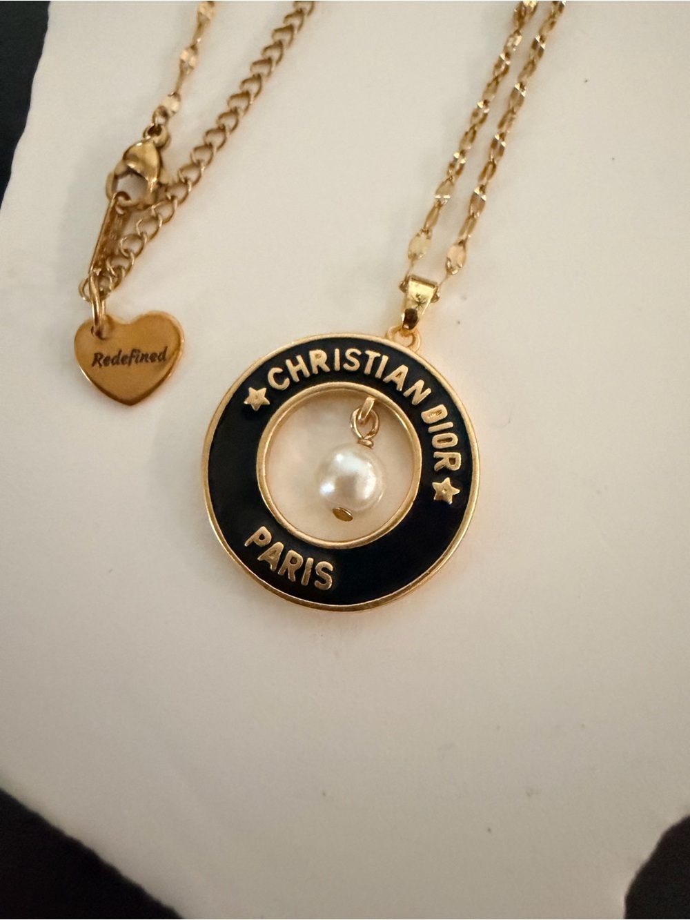 Dior Gold-Tone Black Enamel Circle Pendant with Pearl Drop